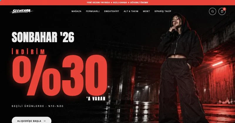 SEEWEARR ana sayfası: Sonbahar ’26 kampanyası, %30’a varan indirim ve kırmızı-siyah sokak teması