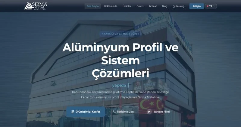 Sırma Metal ana sayfası: Alüminyum Profil ve Sistem Çözümleri başlığı ve 23+, 1000+, 1500+ rakamları