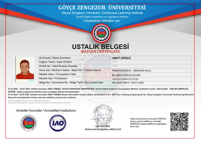 Ustalık Belgesi — Yazılım Uzmanlığı — Umut Kirişçi